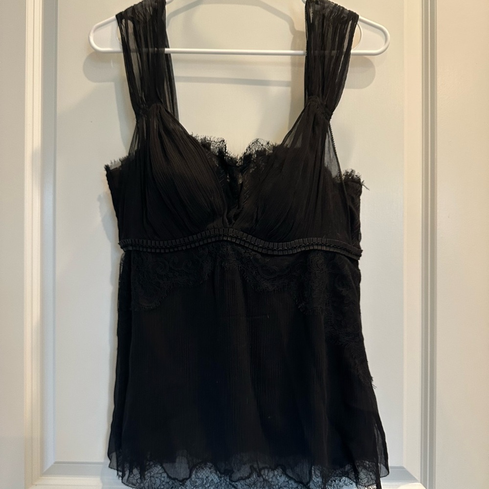 Elie Tahari Black Silk Lace Grosgrain Detail Camisole Top L